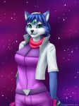  2018 anthro aquamarine_(gem) belt black_nose blue_fur blue_hair canine clothed clothing eyebrows eyelashes female fluffy fluffy_tail forehead_gem fox fully_clothed fur gem gloves green_eyes hair headband hi_res jacket krystal looking_at_viewer mammal miltonholmes multicolored_fur nintendo scarf short_hair silver_(metal) silver_jewelry sky slim smile solo standing star star_fox starry_sky tail_jewelry tailband video_games white_fur 