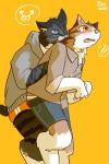  2016 3_fingers anthro blue_eyes blush cat claws clothed clothing duo feline fully_clothed hoodie hug hugging_from_behind korean_text mammal mars_symbol open_mouth shorts signature simple_background stripes teeth text tuft whiskers yellow_background yellow_eyes 하콘이 