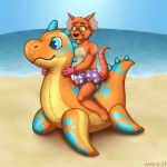  anukacat beach clothing cute diaper dinosaur flippers gloves inflatable male pool_toy puffy_paws seaside smile spreckles water 