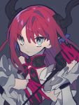  blue_eyes closed_mouth elizabeth_bathory_(fate) elizabeth_bathory_(fate)_(all) eyebrows_visible_through_hair fate/extra fate/extra_ccc fate_(series) grey_background highres holding holding_microphone horns long_hair long_sleeves looking_at_viewer microphone mochizuki_kei pointy_ears red_hair simple_background smile solo upper_body 