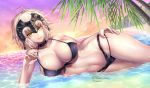  ahoge beach bikini black_bikini breasts choker cleavage cliff cloud cloudy_sky collarbone commentary_request dutch_angle eyebrows_visible_through_hair fate/grand_order fate_(series) headpiece highres jeanne_d'arc_(alter)_(fate) jeanne_d'arc_(fate)_(all) large_breasts lying lying_on_water nasaniliu navel on_side open_mouth outdoors palm_tree seaside short_hair silver_hair sky swimsuit tree yellow_eyes 