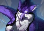  2018 avian beak digital_media_(artwork) feathered_wings feathers feral fur hair jay-kuro purple_beak purple_eyes purple_feathers purple_hair solo white_fur wings 