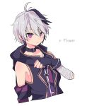  ahoge black_gloves character_name closed_mouth collar cropped_torso fingerless_gloves flower flower_(vocaloid) gloves highres inukai_noriwo looking_at_viewer multicolored_hair pink_eyes short_hair solo streaked_hair v_flower_(vocaloid4) vest vocaloid 