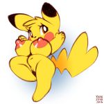  2018 anthro big_breasts big_ears big_eyes big_tail black_nose blush_sticker breasts cleft_tail dipstick_ears female front_view fur long_tail mammal navel nintendo nipples nude orange_eyes pikachu pok&eacute;mon pok&eacute;mon_(species) pussy red_nipples rodent shortstack slightly_chubby video_games xylas yellow_fur 