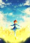  1girl belt black_belt blue_dress blue_sky brown_hair closed_eyes cloud commentary copyright_name creature creature_on_shoulder day dress english_commentary facing_viewer field highres kaze_no_tani_no_nausicaa long_sleeves making-of_available nausicaa on_shoulder outdoors pantyhose short_hair sky smile standing star_(sky) teto_(nausicaa) watermark web_address white_pantyhose wide_shot wind yuuike 