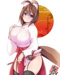  1girl animal_ears arrow black_legwear blush breasts brown_hair garter_straps hakama hamaya japanese_clothes large_breasts looking_at_viewer miko new_year ofuda original pelvic_curtain purple_eyes red_hakama shinto short_hair side_slit signature smile solo tail thighhighs yoshikawa_hideaki 