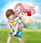  1boy 1girl albyee arm_around_neck bag bangs bare_shoulders barefoot blue_shorts blue_sky bracelet brown_hair cloud cloudy_sky commentary couple darling_in_the_franxx day english_commentary floating_hair flower green_eyes handbag happy hetero hiro_(darling_in_the_franxx) holding_legs hug hug_from_behind jewelry long_hair looking_at_another looking_back open_mouth pink_hair shirt short_hair short_sleeves shorts sky sleeveless sleeveless_shirt white_shirt younger zero_two_(darling_in_the_franxx) 