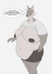 absurd_res anthro belly big_belly buxim canid canine clothing english_text hi_res huge_belly huge_moobs male mammal moobs obese overweight shirt small_shirt solo text topwear