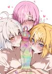  1boy 3girls after_fellatio after_sex ahoge alternate_breast_size_(larger) bare_shoulders bear_boss blonde_hair blue_eyes breasts cleavage cum cum_in_mouth cum_on_body cum_on_breasts cum_on_hair cum_on_tongue facial fate/grand_order fate_(series) grey_hair group_sex highres huge_breasts jeanne_d'arc_(fate) jeanne_d'arc_(ruler)_(fate) jeanne_d'arc_alter_(fate) large_penis lipstick_mark lipstick_mark_on_penis lipstick_ring looking_at_viewer mash_kyrielight multiple_girls oral penis pink_eyes pink_hair simple_background stray_pubic_hair teamwork_(sexual) testicles v white_background white_hair yellow_eyes 