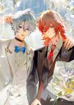  2boys absurdres antenna_hair black_choker black_jacket black_pants blonde_hair blue_bow blue_bowtie blue_eyes bouquet bow bowtie braid chinese_commentary choker collared_shirt commentary_request earrings facial_tattoo gold_earrings gradient_hair hand_on_another's_shoulder highres holding holding_bouquet honkai:_star_rail honkai_(series) jacket jewelry male_focus medium_hair multicolored_hair multiple_boys mydei_(honkai:_star_rail) neck_tattoo necktie pants parted_bangs phainon_(honkai:_star_rail) qiaose33912 red_hair red_necktie red_tattoo shirt short_hair side_braid sun_symbol sun_tattoo tattoo veil white_hair white_jacket white_pants white_shirt white_veil yellow_eyes 