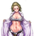  :&lt; belt belt_buckle black_belt blush bra breasts breasts_apart buckle closed_mouth coat collarbone commentary covered_nipples cowboy_shot embarrassed green_hair grey_bra grey_panties hair_slicked_back head_tilt large_breasts long_hair looking_at_viewer navel nose_blush number open_clothes open_coat original panties pants popped_collar purple_eyes shu-mai simple_background solo spiked_hair standing stomach tsurime unbuttoned_pants underwear undone_belt v-shaped_eyebrows white_background white_coat white_pants yankee 