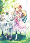  ankle_bow ankle_ribbon bangs blonde_hair bouquet bow bowtie chair commentary_request cross-laced_clothes cup cushion dress eyebrows_visible_through_hair flower food frilled_dress frilled_shirt_collar frilled_sleeves frills green_eyes hair_ribbon holding holding_cup holding_saucer joypyonn lolita_fashion long_hair looking_at_viewer original outdoors pantyhose pink_bow pink_dress pink_flower pink_footwear pink_neckwear pink_ribbon red_flower ribbon saucer shoes sitting smile solo strawberry_shortcake sweet_lolita table tablecloth teacup teapot tiered_tray vase white_flower white_legwear 