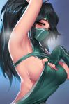  akali areola_slip areolae arm_over_head armpits black_hair breasts brown_eyes commentary_request covered_mouth dress_pull fingerless_gloves gloves green_gloves heavy_breathing large_breasts league_of_legends long_hair mask ninja pd_(pdpdlv1) ponytail sideboob solo 