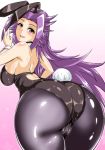  1girl animal_ears artist_request ass bare_shoulders blush breasts bunny_ears bunny_tail bunnysuit cameltoe curvy from_behind hips huge_ass jun&#039;you_(kantai_collection) kantai_collection large_breasts leaning leaning_forward long_hair looking_at_viewer looking_back open_mouth pantyhose purple_eyes purple_hair shiny shiny_clothes shiny_hair shiny_skin sideboob smile solo tail thick_thighs thighs very_long_hair wide_hips 