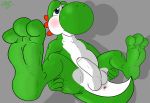  2018 3_toes anus balls barefoot blue_eyes blush dinosaur erection feet fol foot_focus foreskin hindpaw looking_at_viewer lying male mario_bros nintendo nude on_back paws penis scalie simple_background smile soles solo spread_legs spreading toes video_games yoshi 