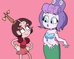  2girls animated animated_gif blue_eyes breasts brown_hair cala_maria_(cuphead) cleavage cuphead_(game) dancing hair_ornament hilda_berg mermaid midriff monster_girl multiple_girls navel open_mouth pink_background purple_hair short_hair simple_background tentacle_hair wide_hips 