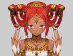  bracelet chain choker commentary_request dark_skin gem gold grey_background horns jewelry necklace original pointy_ears red_eyes red_hair ring ruby_(stone) solo tafuu_(tortafu) 