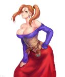  armpits bangs bare_shoulders belt belt_buckle belt_pouch breasts brown_eyes buckle cleavage collarbone commentary_request corset dragon_quest dragon_quest_viii dress earrings fingernails floating_hair hair_ornament hand_on_hip hand_on_own_thigh jessica_albert jewelry large_breasts leaning_forward long_hair long_skirt long_sleeves looking_at_viewer number orange_hair parted_lips pouch purple_dress red_skirt shu-mai simple_background skirt sleeves_past_wrists solo standing strapless strapless_dress twintails white_background 
