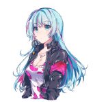 bad_id bad_pixiv_id bangs black_jacket blue_eyes blue_hair breasts cleavage closed_mouth earrings eyebrows_visible_through_hair gocoli highres jacket jewelry large_breasts leather leather_jacket long_hair long_sleeves looking_at_viewer multicolored_hair nanasaki_nicole open_clothes open_jacket pink_hair shirt simple_background solo streaked_hair tattoo tokyo_7th_sisters torn_clothes torn_shirt upper_body white_background 