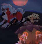  2ri ambiguous_gender anthro bodily_fluids crying cum cumshot ejaculation feral finger_in_mouth generation_6_pokemon generation_7_pokemon genital_fluids genitals group handjob handjob_from_behind hi_res knot knotted_penis leaking_cum lycanroc male midnight_lycanroc mimikyu nintendo penile penis pokemon pokemon_(species) pumpkaboo questionable_consent sex tears trio 