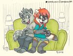 2018 anthro artist_logo black_nose blue_bottomwear blue_clothing blue_eyes blue_shirt blue_shorts blue_t-shirt blue_topwear bottomwear brown_eyes clothed clothing controller dated duo female female_anthro front_view fur furniture gaming glistening glistening_eyes grey_body grey_bottomwear grey_clothing grey_fur grey_hair grey_pants hair holding_controller holding_object inside logo looking_at_viewer male male_anthro mammal navel on_sofa open_mouth open_smile pandapaco pants playing_video_game procyonid raccoon red_hair shirt short_hair shorts signature sitting smile sofa t-shirt topless topwear white_body white_fur