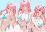  1girl absurdres ahoge artist_name bare_shoulders bikini blue_archive blue_background blue_bikini blush bow braid breasts candy cleavage closed_mouth collarbone commentary food gem green_eyes green_nails hair_between_eyes hair_bow hair_intakes halo hanako_(blue_archive) hanako_(swimsuit)_(blue_archive) hand_up head_tilt highres holding holding_candy holding_food holding_lollipop holding_own_hair huge_breasts lollipop long_hair looking_at_viewer multiple_views nail_polish navel no_shirt official_alternate_costume pink_hair pink_halo pumiss shiny_skin side-tie_bikini_bottom sidelocks single_braid smile standing string_bikini swimsuit thigh_gap thighs very_long_hair white_bow 
