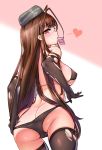  1girl absurdres ass bangs bikini bikini_pull black_bikini black_legwear black_swimsuit black_thighhighs blunt_bangs breasts brown_hair condom condom_in_mouth cowboy_shot curvy dsr-50_(girls_frontline) erect_nipples eyebrows_visible_through_hair from_behind garrison_cap girls_frontline gloves gradient gradient_background green_pupils hair_ornament hairclip hand_on_own_ass hat heart highres large_breasts long_hair looking_at_viewer looking_back mouth_hold note2000 pink_background red_eyes sideboob sidelocks solo swimsuit swimsuit_pull thighhighs torn_clothes torn_elbow_gloves torn_gloves torn_thighhighs very_long_hair white_background wide_hips 