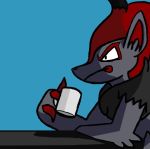  ambiguous_gender anthro blue_background canine coffee_mug cup digital_media_(artwork) frown fur grey_fur hair holding_cup humor mammal nintendo pok&eacute;mon pok&eacute;mon_(species) reaction_image red_hair side_view simple_background sitting solo state table too_early_for_this unknown_artist video_games zoroark 