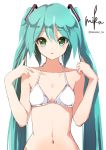  :o aqua_hair artist_name bare_shoulders bikini bikini_top blush character_name collarbone commentary_request eyebrows_visible_through_hair flat_chest green_eyes hatsune_miku highres long_hair navel open_mouth simple_background solo swimsuit takepon1123 twintails upper_body very_long_hair vocaloid white_background white_bikini 