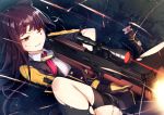  1girl bangs black_gloves black_legwear black_skirt bleeding blood blood_on_face bullet bullpup buttons clenched_teeth collared_shirt commentary_request eyebrows_visible_through_hair firing furrowed_eyebrows girls_frontline gloves grass gun holding holding_gun holding_weapon injury jacket knee_up long_hair long_sleeves looking_away lying miniskirt motion_blur muzzle_flash necktie night on_back one_eye_closed one_side_up open_clothes open_jacket pantyhose parted_lips purple_hair red_eyes red_neckwear revision rifle scope shirt skirt sniper_rifle solo teeth torn_clothes torn_jacket torn_legwear tracer_fire underbust v-shaped_eyebrows wa2000_(girls_frontline) walther walther_wa_2000 weapon white_shirt yan_(nicknikg) 