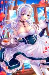  :d apron azur_lane bangs belfast_(azur_lane) blue_eyes blue_sky blush braid breasts chain cleavage cloud collar collarbone commentary_request corset cup curtains day dress eyebrows_visible_through_hair floating_hair french_braid frilled_gloves frills gloves head_tilt highres holding holding_teapot holding_tray indoors irokiiro jug large_breasts light_particles long_hair looking_at_viewer maid maid_headdress ocean open_mouth pantyhose petals saucer sidelocks silver_hair skindentation sky smile solo spoon sunlight teacup tray white_gloves white_legwear wind wind_lift window 