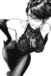  1girl absurdres bare_shoulders bayonetta bayonetta_(series) bayonetta_2 breasts commentary dress earrings elbow_gloves english_commentary glasses gloves greyscale highres jewelry large_breasts looking_at_viewer mole mole_under_mouth monochrome mostlybluewyatt parted_lips rectangular_eyewear short_hair smile solo 