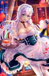  :d apron azur_lane bangs belfast_(azur_lane) blue_eyes blurry blurry_background blush braid breasts chain cleavage cloud collar collarbone corset cup curtains day dress evening eyebrows_visible_through_hair floating_hair french_braid frilled_gloves frills gloves head_tilt highres holding holding_teapot holding_tray indoors irokiiro jug large_breasts light_particles long_hair looking_at_viewer maid maid_headdress ocean open_mouth orange_sky pantyhose petals saucer sidelocks silver_hair skindentation sky smile solo spoon sunlight teacup tray white_gloves white_legwear wind wind_lift window 