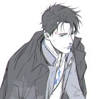  blood blood_from_mouth bloody_clothes blue_blood collared_shirt commentary connor_(detroit) detroit:_become_human english_commentary jacket_on_shoulders kanapy limited_palette looking_at_viewer male_focus messy_hair shirt simple_background solo spot_color white_background wing_collar 