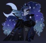 absurd_res alternative_fashion black_clothing black_dress blue_body blue_hair bodypaint clothed clothed_feral clothing crown curly_hair digital_media_(artwork) dress english_text equid equine eyelashes face_paint feathered_wings feathers female feral friendship_is_magic fur goth gradient_hair hair hasbro headgear hi_res horn mammal multicolored_hair my_little_pony my_little_pony:_magic_princess mythological_creature mythological_equine mythology peachmichea princess_luna_(mlp) rockin'_princess_luna simple_background solo tail text trad_goth white_face white_face_paint winged_unicorn wings