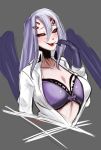  alternate_hair_length alternate_hairstyle arachne bangs blush bra breasts collared_shirt commentary cropped_torso english_commentary extra_eyes eyes_visible_through_hair grey_background hair_between_eyes hhhori insect_girl large_breasts lipstick long_hair long_sleeves looking_at_viewer makeup monster_girl monster_musume_no_iru_nichijou open_clothes open_shirt popped_collar purple_bra purple_hair rachnera_arachnera red_lipstick sharp_teeth shirt signature simple_background smile solo spider_girl sweat teeth underwear upper_body white_shirt wing_collar 