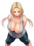  bangs bare_shoulders blonde_hair breasts brown_eyes cleavage closed_mouth collarbone commentary covered_nipples facial_mark forehead_mark from_above green_pants large_breasts leaning_forward legs_apart long_hair looking_at_viewer low_twintails mature naruto naruto_(series) number pants shiny shiny_skin shu-mai sidelocks simple_background sleeveless smile solo standing tsunade twintails white_background 