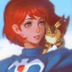  1girl animal animal_on_shoulder blue_sky blurry brown_eyes commentary creature earrings english_commentary eyelashes green_eyes highres ilya_kuvshinov jewelry kaze_no_tani_no_nausicaa lips looking_to_the_side nausicaa open_mouth parted_lips red_hair short_hair sky solo teto_(nausicaa) upper_body 