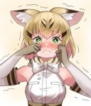  animal_ear_fluff animal_ears bare_shoulders blonde_hair blush bow bowtie cat_ears choir_(artist) commentary_request crying crying_with_eyes_open elbow_gloves frown gloves green_eyes kemono_friends multicolored_hair nose_blush sand_cat_(kemono_friends) short_hair sleeveless solo striped tears upper_body 