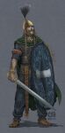  1boy absurdres armlet armor blonde_hair blue_pants bracelet braid brown_shoes cape celtic chain chainmail christian_sloan_hall facial_hair green_cape grey_eyes helmet highres holding holding_shield holding_sword holding_weapon jewelry long_hair looking_up mustache original pants plume scabbard sheath shield shoes short_sleeves solo sword thick_mustache triskelion twin_braids united_kingdom warrior weapon 