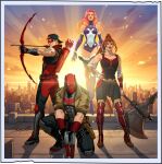  2girls arsenal_(dc) artemis_of_bana-mighdall bat_signal batman_(series) batman_symbol belt black_bodysuit black_gloves bodysuit boots breasts brown_jacket colored_sclera colored_skin dc:_dark_legion dc_comics gloves green_eyes green_sclera grey_bodysuit jacket jason_todd large_breasts long_hair looking_at_viewer mask multicolored_bodysuit multiple_girls muscular muscular_male navel non-web_source official_art open_clothes orange_skin pants purple_boots red_hair red_hood_(dc) red_hood_and_the_outlaws red_mask roy_harper short_hair starfire superhero_costume tamaranean taut_bodysuit thighhighs two-tone_bodysuit utility_belt western_comics_(style) 