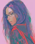  commentary_request glasses grey-framed_eyewear grey_eyes half-closed_eyes highres ilya_kuvshinov long_hair looking_at_viewer original over-rim_eyewear pink_background purple_hair semi-rimless_eyewear simple_background sketch solo upper_body 