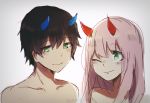  1girl bangs benelle black_hair blue_horns blush collarbone commentary couple darling_in_the_franxx eyebrows_visible_through_hair eyes_visible_through_hair green_eyes hetero highres hiro_(darling_in_the_franxx) horns long_hair looking_at_another one_eye_closed oni_horns pink_hair red_horns shirtless signature zero_two_(darling_in_the_franxx) 