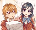  ! 2girls blue_bow blue_bowtie blue_eyes blue_hair bow bowtie diagonal-striped_bow diagonal-striped_bowtie diagonal-striped_clothes futari_wa_precure heart-shaped_gem jacket long_hair misumi_nagisa multiple_girls open_mouth orange_eyes orange_hair paper_stack precure red_jacket sasano-01 school_uniform spoken_exclamation_mark striped_bow striped_bowtie striped_clothes translation_request verone_gakuin_school_uniform yukishiro_honoka 