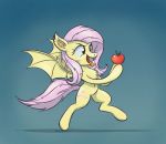  2018 apple bat_pony bat_wings blue_background cutie_mark el-yeguero equine fangs female feral flutterbat_(mlp) fluttershy_(mlp) food friendship_is_magic fruit hair hybrid mammal membranous_wings my_little_pony simple_background solo tongue tongue_out wings 