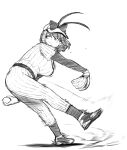 1girl alternate_costume antenna_hair ball baseball baseball_(object) baseball_cap baseball_mitt baseball_uniform bow breasts closed_mouth commentary_request full_body greyscale hair_through_headwear hat hat_bow himajin_noizu holding holding_ball large_breasts layered_sleeves long_sleeves looking_afar monochrome nagae_iku pants shirt shoes short_hair short_over_long_sleeves short_sleeves simple_background sneakers solo sportswear striped_clothes striped_pants striped_shirt touhou vertical-striped_clothes vertical-striped_pants vertical-striped_shirt 