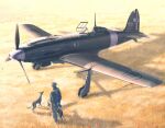  1boy aircraft airplane arms_behind_back commentary_request dog gloves highres holding holding_unworn_clothes italian_air_force military military_vehicle open_cockpit original propeller propeller_fighter reggiane_re.2005 roundel same_(carcharodon) unworn_gloves vehicle_focus world_war_ii 