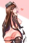  1girl absurdres anus ass bangs bikini bikini_pull bikini_top_removed black_bikini black_legwear black_swimsuit black_thighhighs blunt_bangs breasts brown_hair condom condom_in_mouth cowboy_shot curvy dsr-50_(girls_frontline) eyebrows_visible_through_hair from_behind garrison_cap girls_frontline gloves gradient gradient_background green_pupils hair_ornament hairclip hand_on_own_ass hat heart highres holding holding_bikini_top holding_clothes holding_swimsuit large_breasts long_hair looking_at_viewer looking_back mouth_hold nipples note2000 nude pink_background pussy red_eyes sideboob sidelocks solo swimsuit swimsuit_pull thighhighs torn_clothes torn_elbow_gloves torn_gloves torn_thighhighs uncensored very_long_hair white_background wide_hips 