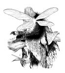  1boy branch fate/grand_order fate_(series) from_behind greyscale highres insect_wings male_focus mame_nabe_donko medium_hair monochrome oberon_(fate) oberon_(third_ascension)_(fate) simple_background sitting solo white_background wings 