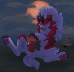  2ri ambiguous_gender anthro duo feral full_moon generation_6_pokemon generation_7_pokemon genitals hi_res knot knotted_penis lycanroc male midnight_lycanroc mimikyu moon nintendo outside penis pokemon pokemon_(species) pumpkaboo pumpkin_masturbation questionable_consent 